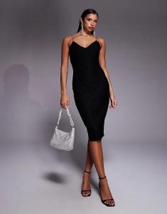 Платье миди Vesper с V-образным вырезом и кружевом на бретельках черного цвета