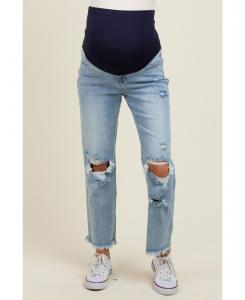 Джинсы для беременных светло-голубого цвета с рваными коленями, бахромой по низу, прямыми штанинами и длиной до щиколотки Pinkblush, Light blue