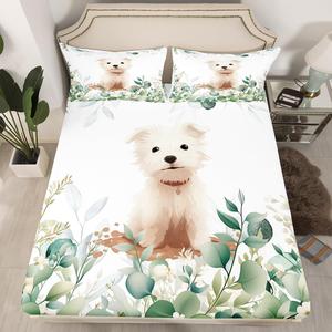 Erosebridal Детский комплект постельного белья с мультяшными собаками и листьями эвкалипта, Green Beige