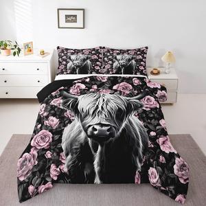 Erosebridal Комплект постельного белья Highland Cow с розово-черным цветочным принтом в западном стиле, Pink Black