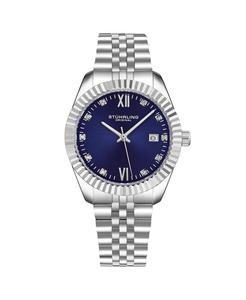Женские часы Symphony, серебристая нержавеющая сталь, синий циферблат, круглые часы 45 мм Stuhrling