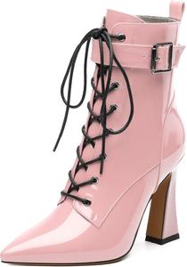 Женские ботильоны на шнуровке с острым носком и высоким каблуком, с боковой молнией, модные однотонные короткие ботинки для женщин RLYGHWAO, Pink Patent