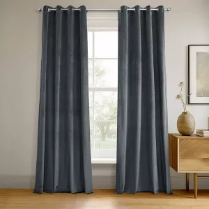 Шторы из бархата с люверсами синего и серого цвета с фирменной отделкой Half Price Drapes, blue