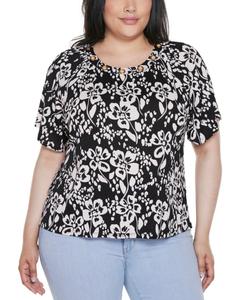 Вязаный топ большого размера с цветочным принтом и люверсами, с короткими рукавами Belldini, Black Combo