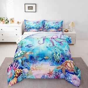 Erosebridal Комплект постельного белья Octopus с морскими животными, милый дизайн для детей, кавай тематика океана, Blue Purple