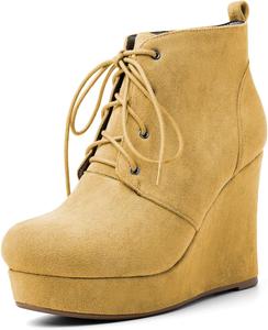 Женские ботильоны AUMOTED с круглым носком, на шнуровке, на платформе и каблуке-клине, 10 см, теплые ботинки для вечеринок и вечеров, Yellow