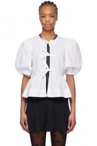 Белая хлопковая поплиновая блузка с завязками-баской GANNI