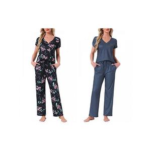 2 комплекта женской пижамы с V-образным вырезом, коротким рукавом и брюками на шнурке Inspire Chic, Black Floral Blue Dot