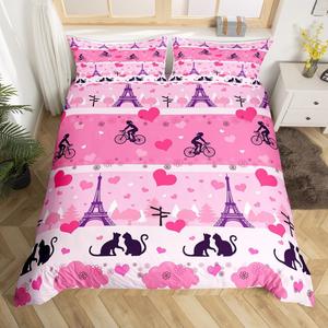 Erosebridal Комплект постельного белья Eiffel Tower с романтичным принтом Парижа и котиками, Pink
