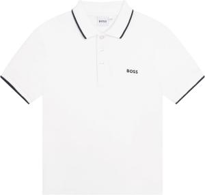 BOSS Boys Short Sleeve Knit Polo Shirt, мягкая и дышащая, школьная форма с полосатым воротником, White