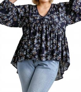 Флорал кружевной топ-бэбидол с асимметричным подолом - Plus в цвете Navy Umgee