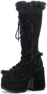 Женские высокие сапоги на платформе KISTANIA с каблуком-столбиком, шнуровкой и искусственным мехом, Black Suede