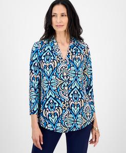 Укороченная блузка Daniella с дамасским принтом и рукавами 3/4, эксклюзивно для Macy's JM Collection, Intrepid Blue Combo