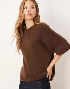 Свободный трикотажный топ Gina Tricot из шерсти и альпаки с короткими рукавами, темно-коричневого цвета