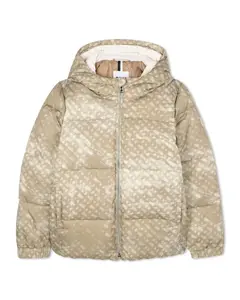 Детский пуховик с капюшоном и принтом BOSS Kidswear, светло-коричневый