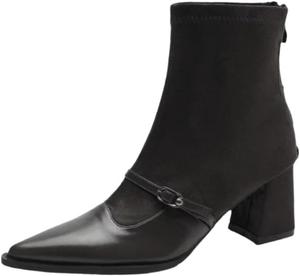 Женские короткие ботинки с острым носком - модные, однотонные, с резиновой подошвой, мягкой текстурой, на молнии. Fusecottc, Black