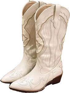 Винтажные женские ковбойские сапоги с квадратным носком и толстым каблуком с вышивкой в западном стиле Generic, Beige