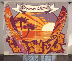 Штора ABAKUHAUS Тропический деревенский, ретро, экзотическое лето, присборенная тесьма для спальни с петлями и крючками, 280 x 245 см, цвет: оранжевый, бордовый, сине-серый Abakuhaus