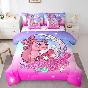 Erosebridal Комплект постельного белья Cute Axolotl с саламандрами, морскими обитателями, блестящими лунами, звездами, розовыми цветами и розово-фиолетовым омбре, Pink Purple