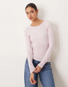 Трикотажный лонгслив Gina Tricot Soft Touch с длинными рукавами и круглым вырезом розового цвета