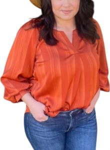 Блузка из атласа в полоску с рукавами-фонариками оранжевого цвета umgee
