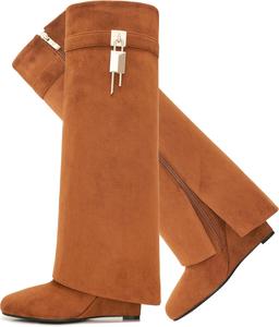 Сапоги с отворотом для женщин, острый носок, на танкетке, до колена, с боковой молнией и декоративным замком CDHYX, Brown-Suede-1