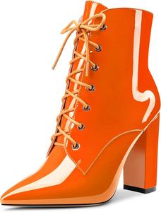 Женские ботильоны Aachcol, короткие ботинки с закрытым заостренным носком, на массивном высоком каблуке, лакированные, на шнуровке, каблук 4 дюйма, Light Orange