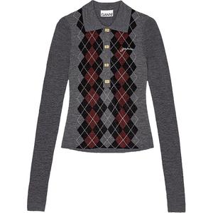 Футболка поло с жаккардовым узором GANNI, морозно-серый