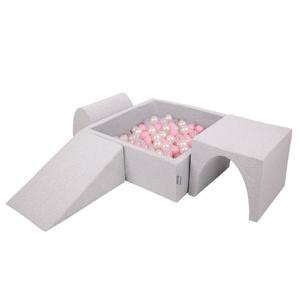 KiddyMoon Детская площадка из пенопласта PPZP-KW30D-124 с шариками светло-серый: пудровый розово-жемчужно-прозрачный бассейн 200/клин Л/горка/туннель Игрушечная площадка