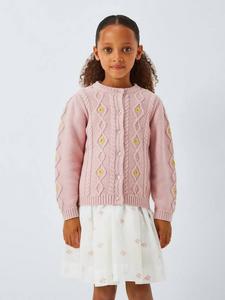 Детский кардиган с вышивкой и кабельной вязкой с кашемиром John Lewis Heirloom Collection, Pink