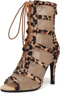 YCALCP Женские латинские танцевальные ботильоны с открытым носком, сеткой и шнуровкой, для сальсы и вечерних вечеринок