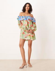 Мини-платье с оборками и открытыми плечами, с цветочным принтом Asos Design