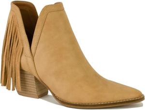 Женские ботильоны с V-образным вырезом на щиколотке, бахромой, заостренным носком, с вырезами, без шнуровки, короткие с устойчивым каблуком, ковбойские ботинки Beast Fashion, Camel