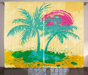 Штора ABAKUHAUS Vintage Beach Rustic, яркие летние тона, присборенная тесьма для спальни с петлями и крючками, 280 x 225 см, розово-пастельно-желтый и цвет морской волны Abakuhaus