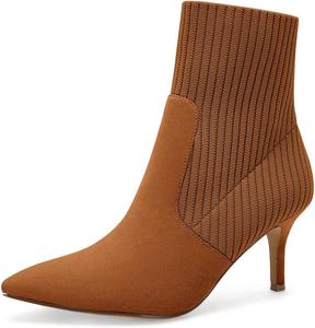 Женские ботильоны Coutgo с заостренным носком, на щиколотку, с каблуком-стилето, мягким каблуком kitten, из вязаной искусственной замши, зимние носочные ботинки, Brown Suede