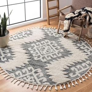 Ковер SAFAVIEH, 305 x 305 см, Moroccan Tassel Shag Collection, круглый, цвета ivory и grey, дизайн boho, не линяет и прост в уходе, идеален для помещений с высокой проходимостью в гостиной, спальне (MTS652F)