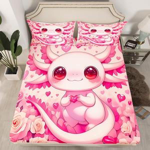 Erosebridal Комплект постельного белья Axolotl Fitted Sheet Ocean Decor с морским принтом, Pink and White