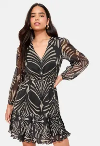 Платье-Мини прямого кроя с длинными рукавами, плиссированным подолом и геометрическим узором. Friends Like These, Black Mono