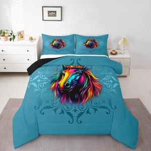 Erosebridal Комплект постельного белья Horse Full с этническим принтом диких животных и цветочным узором в синих тонах, Blue