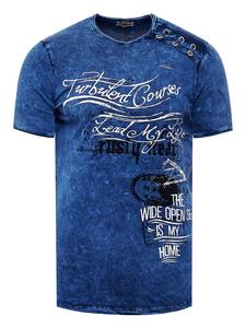 Футболка из промасленной ткани с планкой на пуговицах по бокам и принтами темно-синего цвета. Rusty Neal