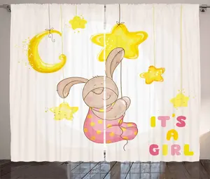 Штора ABAKUHAUS Луна в деревенском стиле, мультяшный кролик, играющий с луной, штора для спальни со сборками, петлями и крючками, 280 x 175 см, бледно-розовый, желтый, бежевый Abakuhaus