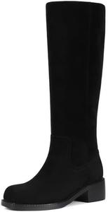 Сапоги ZJA до колена с квадратным носком, низким каблуком, плоские длинные сапоги для женщин, нарядные, с устойчивым толстым каблуком, удобные высокие сапоги, Suede Black