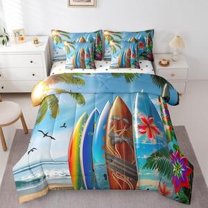 Erosebridal Комплект постельного белья 7Pcs Surfboard Full Size с тропическим принтом пальмы и морские волны для детей, Blue Green
