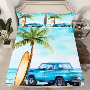 Erosebridal Детский комплект постельного белья Boys Blue Car Truck с гавайскими пальмами и серфингом в морском стиле, Blue Green White