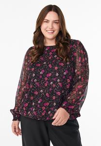 Блуза Zizzi GEBLÜMTE TRANSPARENTEN ÄRMELN, Black Wflower/Black