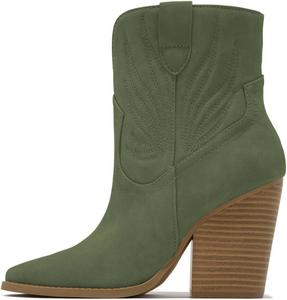 Женские ковбойские ботинки FYS в западном стиле с прошивкой, на щиколотку, с заостренным носком, массивным каблуком и высокой подошвой, ботильоны Стиль ковбойши, женская обувь, размеры US 4-15, Forest Green