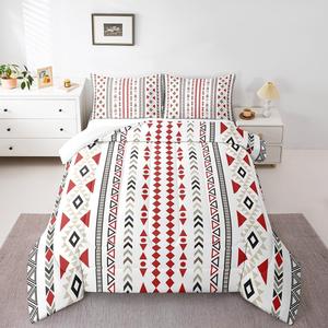 Erosebridal Комплект постельного белья Bohemian Decor Full в этническом стиле с геометрическим узором из стрелок и треугольников в красно-белой гамме, Red White