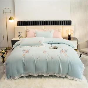 Generic Комплект постельного белья из хлопка с вышивкой цветов и рюшами Cyan