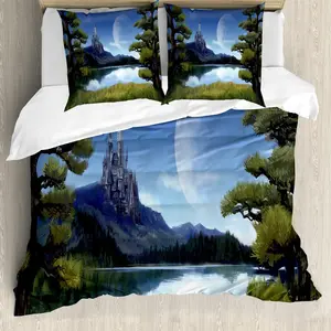 Пододеяльник ABAKUHAUS Fantasy, с изображением озера на берегу реки, с защитой от клещей, подходит для аллергиков, с наволочками, 155 x 220 см - 80 x 80 см, зеленый и синий Abakuhaus