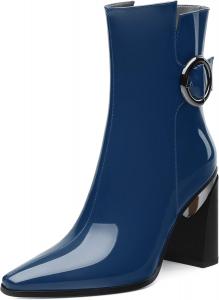 Женские ботильоны, лаковые с заостренным носком, боковой молнией и высоким каблуком, короткие ботинки, женские ботинки на массивном каблуке, удобные ботинки 3,5 дюйма Heisnemca, Navy Blue Patent